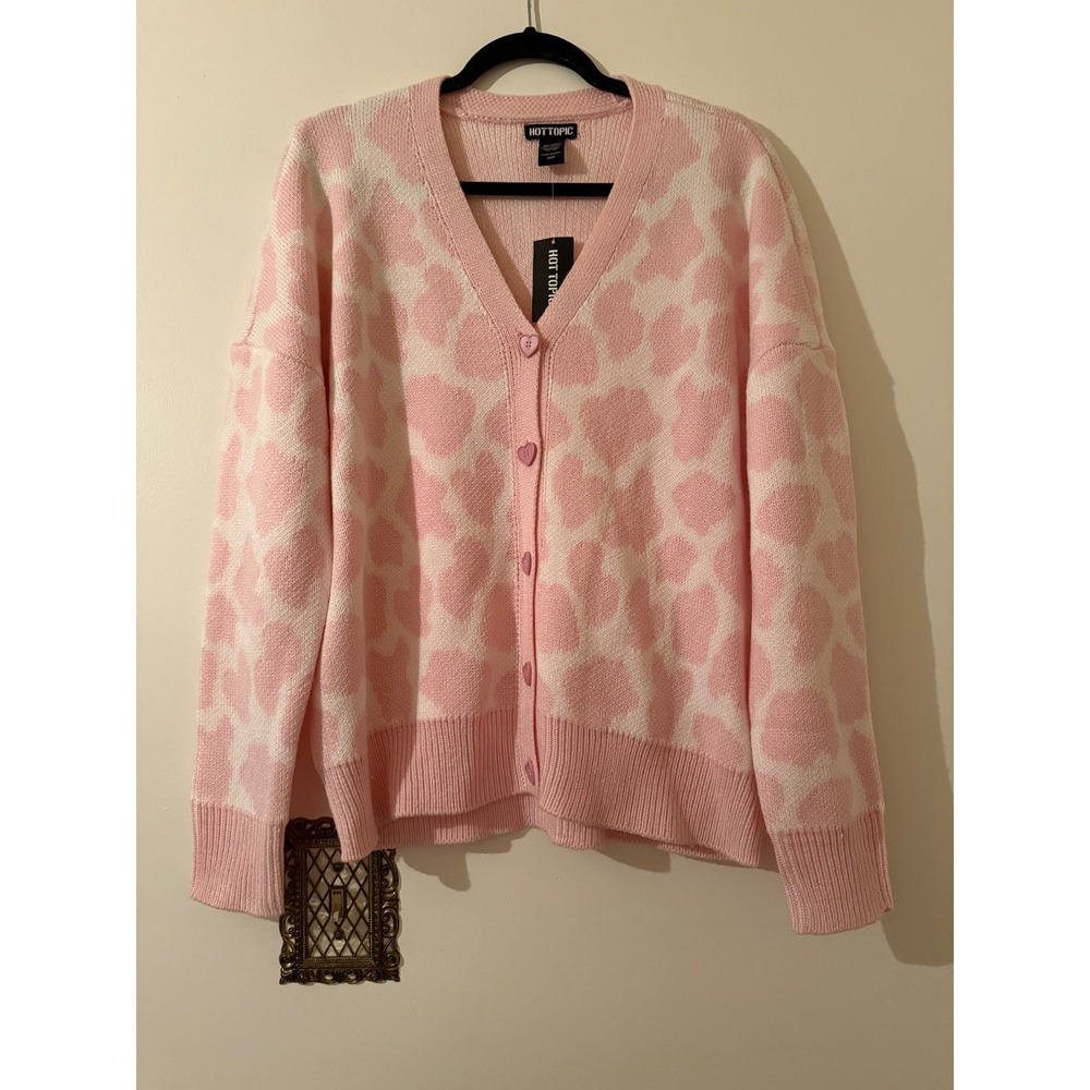 Hot Topic Pink Cow Print Oversized Cardigan Sweater Heart Buttons NWT M 16350371
